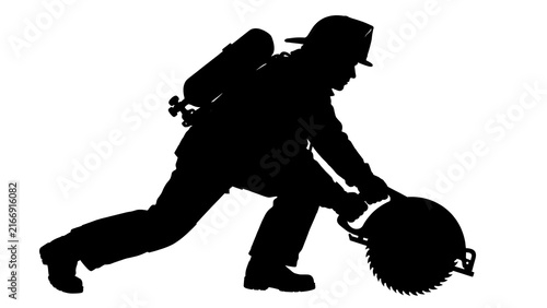 Silhouette of firefighter with axe white background.