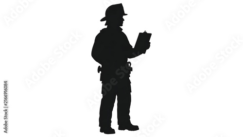 Silhouette of firefighter with helmet white background.