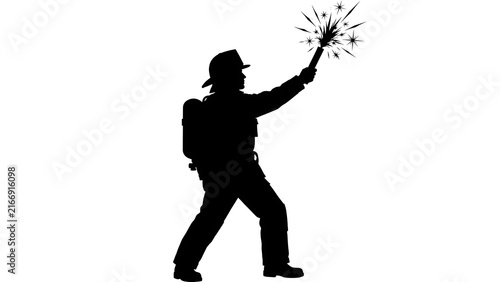 Silhouette of firefighter with sparkler white background.