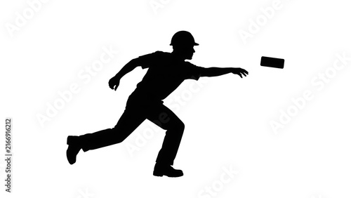 Silhouette of man throwing object white background.