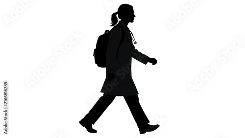 Silhouette of person walking with backpack white background.