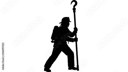Silhouette of hiker with staff white background.