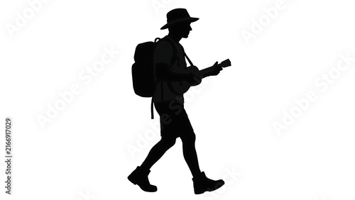 Silhouette of hiker with guitar on white background.