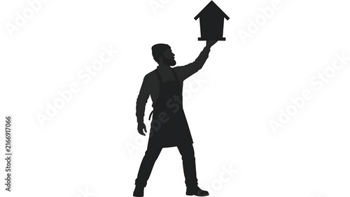 Silhouette of man holding house icon white background.