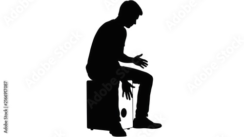 Silhouette of man playing cajon drum white background.