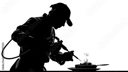 Silhouette of welder working with sparks white background.