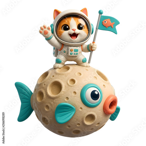 International Cat Day features an adorable kitten astronaut standing on a cratered moon shaped like a pufferfish holding a flag.