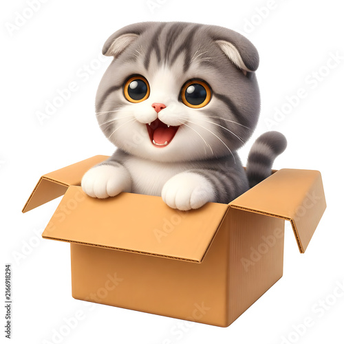 International Cat Day features an adorable fluffy kitten sitting inside a small cardboard container looking happy.