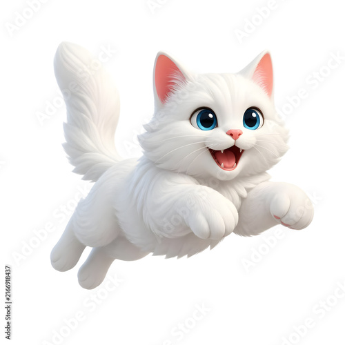 International Cat Day features a fluffy white kitten leaping with joy and excitement.