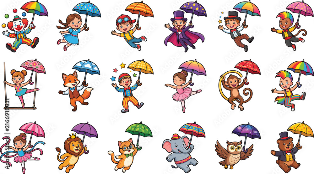 Obraz premium Circus performers and animals holding colorful umbrellas on white background, cartoon style illustration.