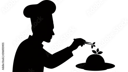 Chef silhouette with plant on hat white background.