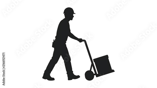 Construction worker pushing dolly on white background.