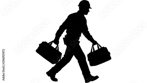Construction worker carrying toolboxes white background.