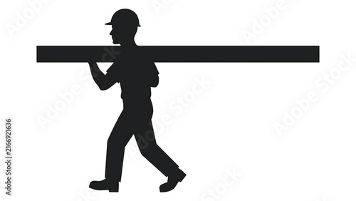 Silhouette of man carrying plank white background.