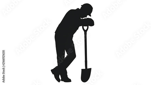 Silhouette of man digging with shovel white background.