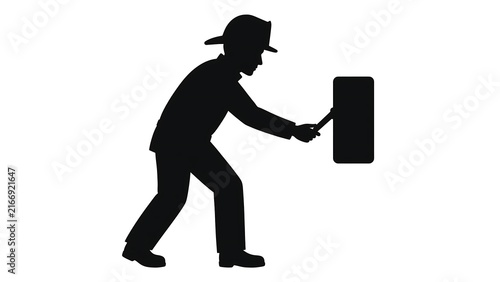 Silhouette of man carrying briefcase white background.