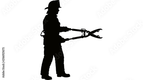 Silhouette of man with pruning shears white background.