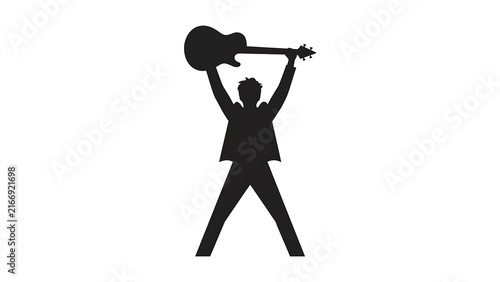 Silhouette of musician with guitar on white background.