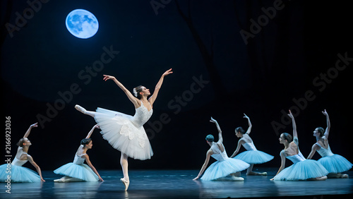 Professional ballet troupe performing a graceful dance routine on a dark stage with moon
