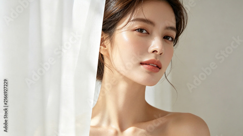 Portrait of a young Asian woman with radiant skin and soft makeup, peeking behind a white curtain in a bright, ethereal setting.