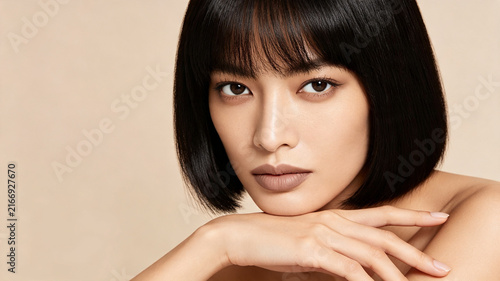 Portrait of a young woman with a sharp black bob and bangs, showcasing flawless makeup and a calm expression against a beige backdrop.