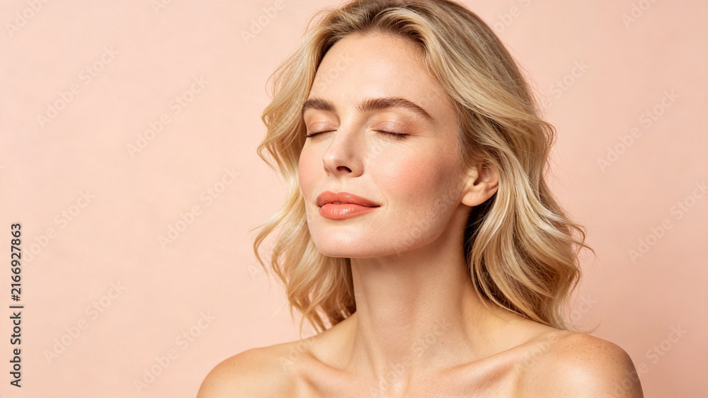 Fototapeta premium A serene woman with wavy blonde hair and glowing skin poses with her eyes closed against a soft peach background, highlighting natural beauty.