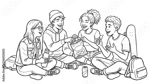 Diverse group of teenagers sharing snacks and laughing outdoors