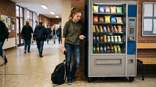 Plakat Teenage girl holding coins looking at a snack vending machine in a school hallway