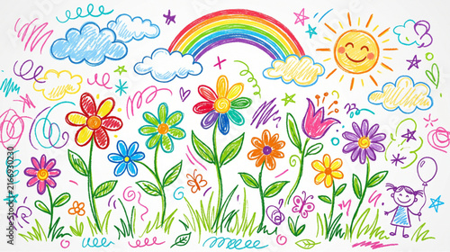 Cheerful child drawing of a colorful rainbow smiling sun and pretty flowers