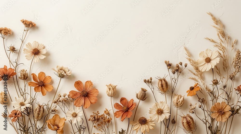 Obraz premium Muted color palette featuring dried autumn botanical elements for home decor.