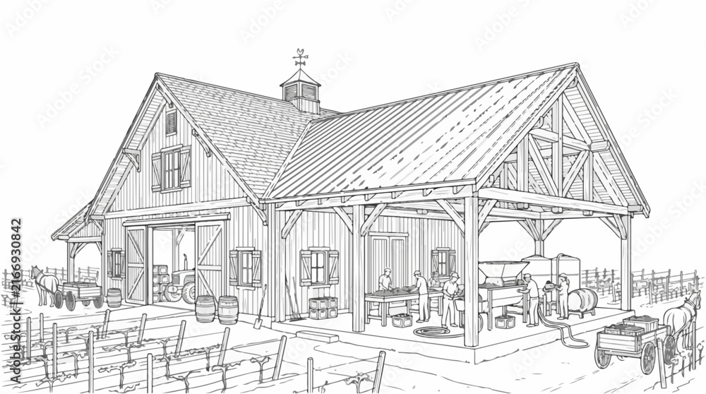 Fototapeta premium Vintage winery barn sketch with workers processing grapes in vineyard