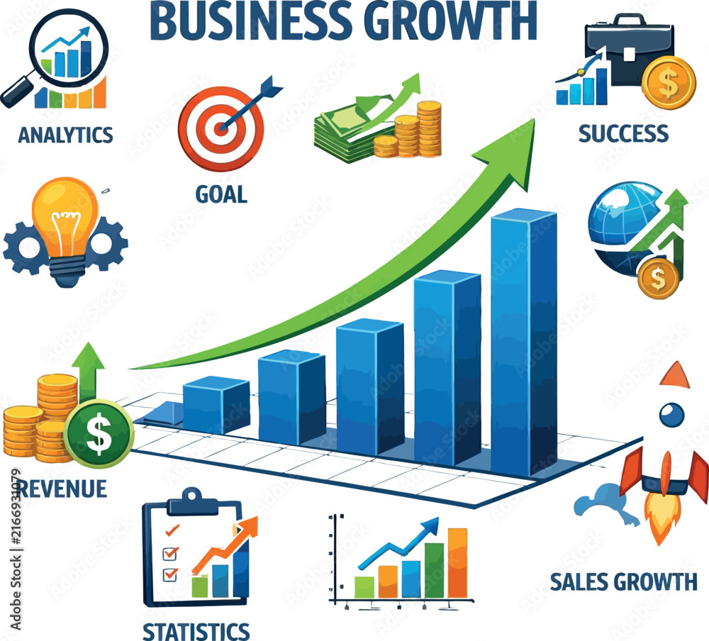 Fototapeta premium Business growth concept with financial bar chart and various investment management icons.