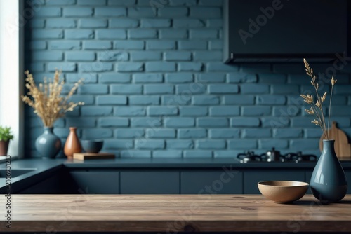 Empty wooden kitchen counter with blue brick wall backdrop and decorative vases