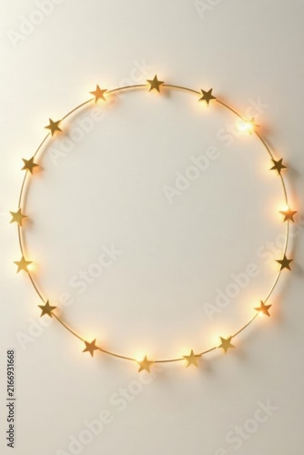 Illuminated Golden Stars Forming a Circular Frame on a Light Background