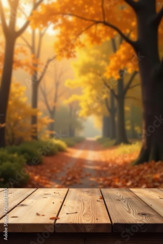 Golden Autumn Pathway A Wooden Tabletop Overlooking a Scenic Fall Lane with Sunlit Trees and Fallen Leaves