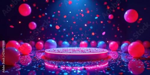 Illuminated Circular Platform with Falling Spheres and Sparkling Confetti