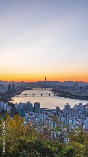 4k,Time lapse Vertical video of Morning landscape Seoul, South Korea and sunrise in autumn