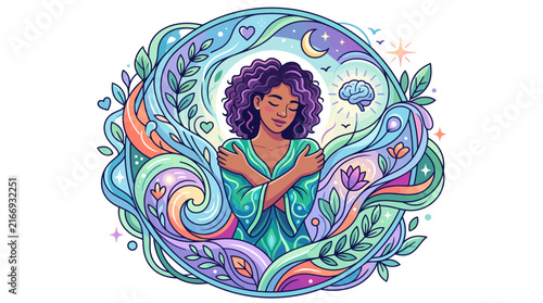 Self-Care Woman Illustration with Mental Health Motifs