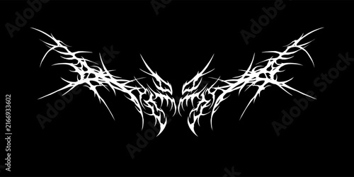 abstract cyber tribal wings with aggressive sharp spikes and gothic thorn shapes, suitable for modern streetwear apparel