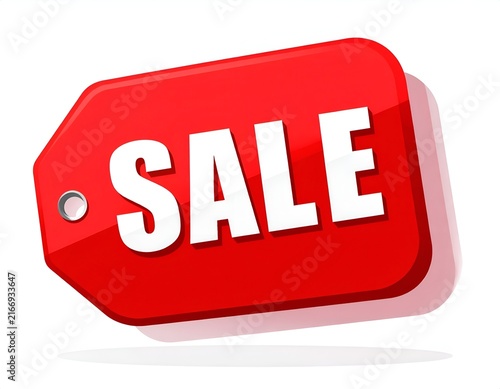 Red 3D sale price tag icon on white.