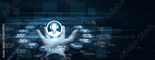 Support agent handhold Customer Service icon glowing with client satisfaction metrics. Specialist using headset analyzing live chat interactions and consumer feedback. Global support system.