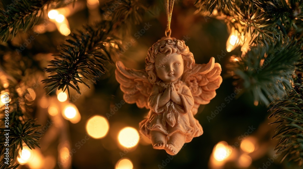 Fototapeta premium Close-up of delicate angel figurine ornament hanging on green pine branch with warm glowing fairy lights in soft focus background during festive Christmas season