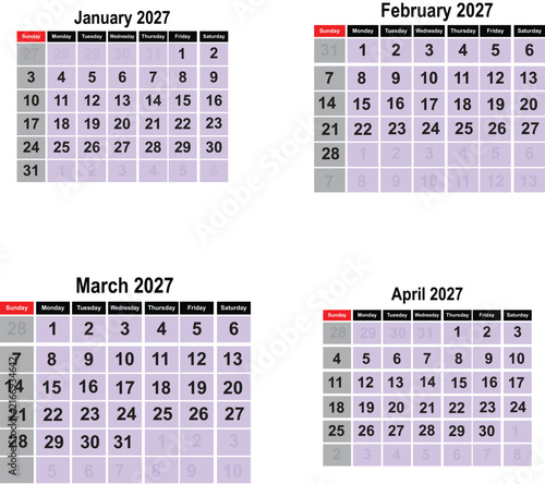 2027 Calendar Design Vector Template First Quarter January to April