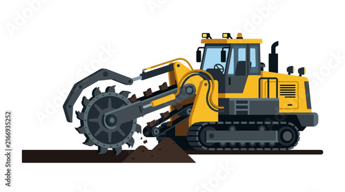 Obraz na plátne Yellow industrial trencher machine digging a trench in the ground