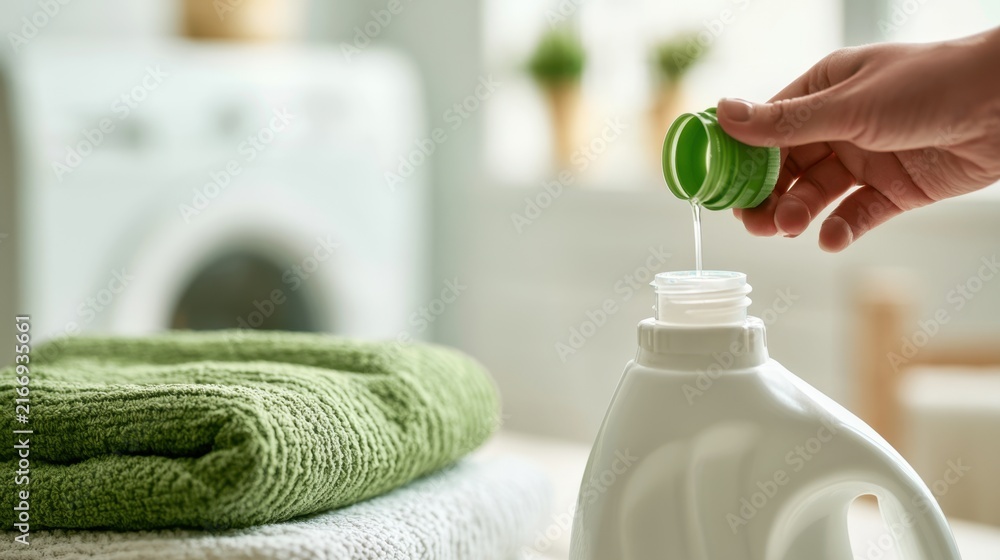 Fototapeta premium Close-up of person pouring liquid detergent from green cap into white plastic bottle with neatly folded green and white towels in bright modern laundry room background