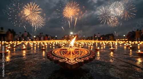 Ornate traditional clay diya with flame in foreground and blurred crowd with fireworks during diwali festival