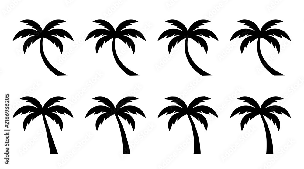 Fototapeta premium Palm trees set with tropical foliage featuring coconut, fronds, and trunks with sunset gradient and minimalist style