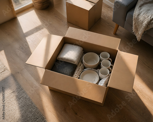 Half packed cardboard box with belongings