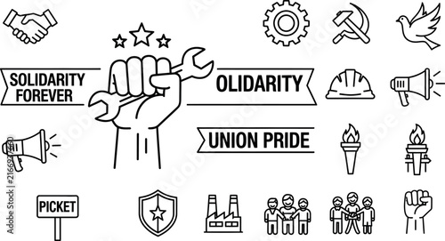 Set of labor union icons featuring a raised fist holding a wrench and various symbols of workers rights and solidarity