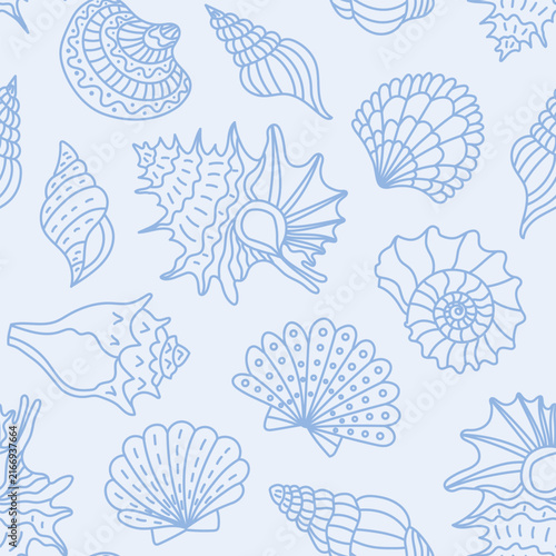 Seamless pattern with blue line art sea shells